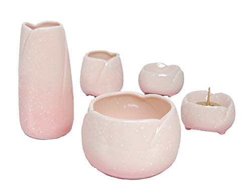 やわらぎ 佛具5点セット 中 さくら (香炉、湯呑、ローソク立、仏器、花瓶)※特選香炉灰(少々)付・ローソク立芯付