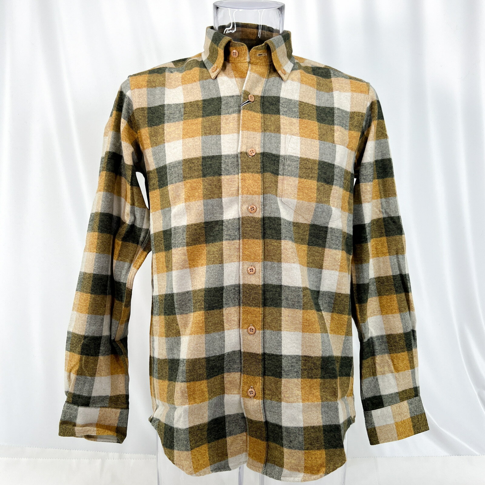 メンズ シャツ-長袖 ボタンダウンシャツ ふわっと生地 胸ポケット L(48) グリーン