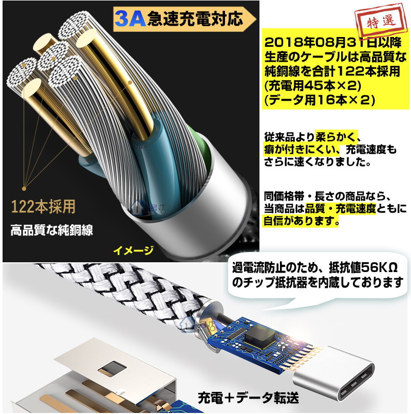 選べる3本セット usb type-c ケーブル 急速充電ケーブル usb type−c ケーブル 1.2M 1.8m 30cm 長さ 2A充電ケーブル 3A usb type c 充電ケーブル usb type c ケーブル usb type-c 急速充電 ケーブル android 同期 充電コード 急速充電 スマホ タブレット usb タイプ c 耐久