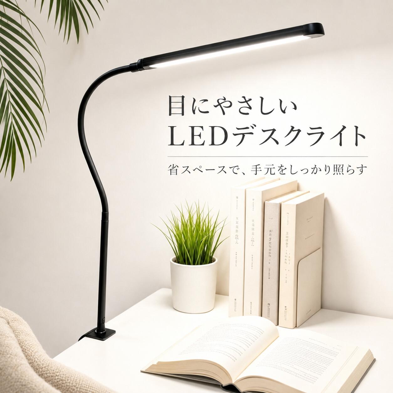 商品情報 POINT 1　広範囲を明るく照らすロングライト 横長のLEDライトがデスク全体を広く照らします。勉強や読書、パソコン作業など、さまざまな用途に活躍します。 POINT 2　目にやさしい、ちらつきにくい光 ちらつきを抑えた安定した光で、長時間の勉強やデスクワークをサポート。目への負担を軽減し、快適な作業環境をつくります。 POINT 3　自由に調整できるフレキシブルアーム 長いアームをお好みの方向や角度に調整可能。照らしたい場所に合わせて、ライトの位置を細かく変えられます。 POINT 4　省スペースなクランプ式 デスクの端に挟んで固定するため、台座を置くスペースが不要です。限られた机の上を広々と使用できます。 POINT 5　さまざまなシーンで活躍 子どもの学習机や学生寮、読書、パソコン作業、在宅勤務、オフィスなど、幅広いシーンで便利にお使いいただけます。 安心のサポート 商品に不具合がございましたら、メールにて当店までご連絡ください。内容を確認のうえ、丁寧に対応いたします。ご使用方法や商品についてご不明な点がございましたら、お気軽にお問い合わせください。 ※撮影環境やモニターの設定により、実際の商品と色合いが異なって見える場合があります。 ※製造時期により、商品のデザインや仕様が予告なく変更される場合があります。 ※サイズは手作業で測定しているため、多少の誤差が生じる場合があります。 メーカー希望小売価格はメーカーカタログに基づいて掲載しています