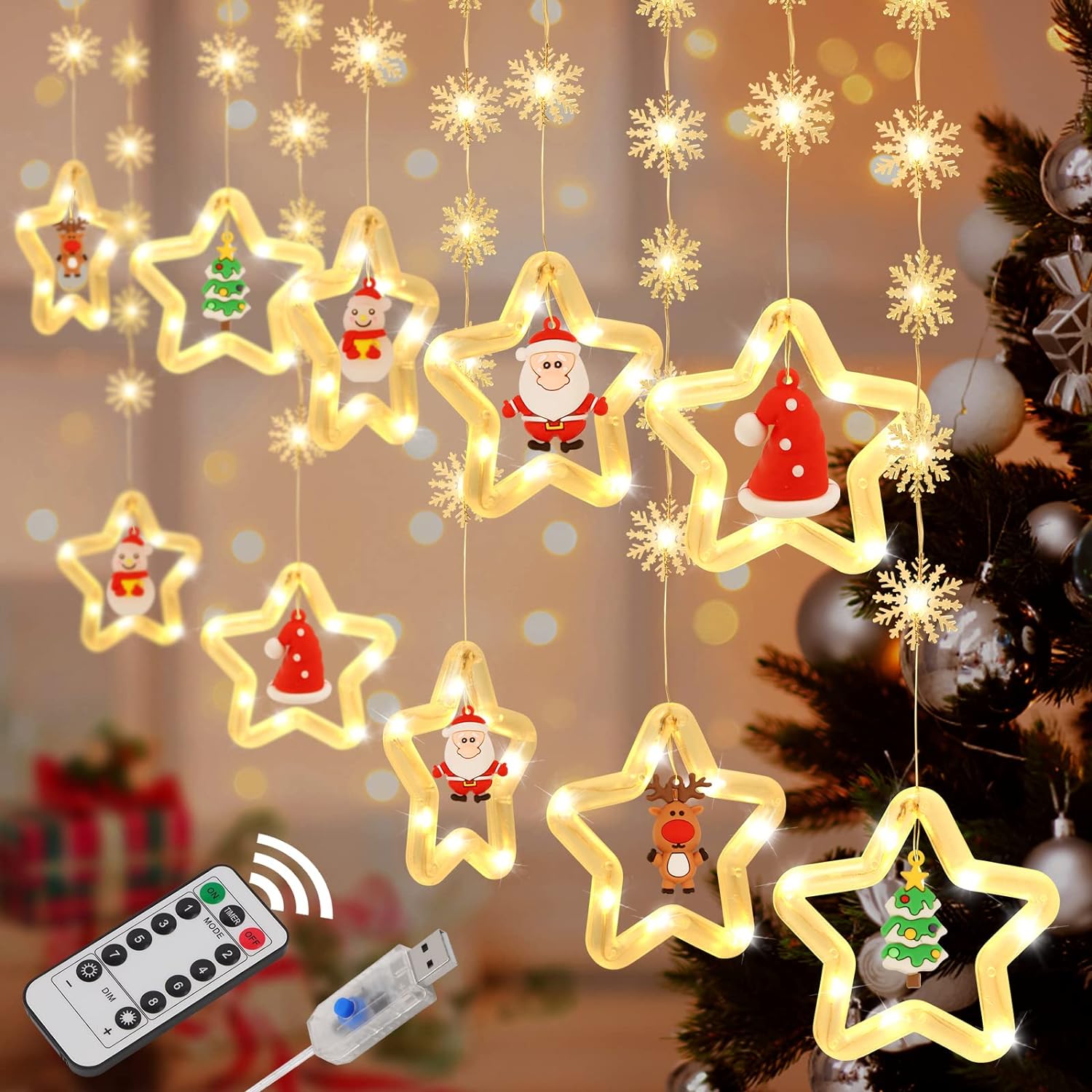 【★楽天感謝デ一★全品10%0FF】クリスマスイルミネーション LEDライト 3m リモコン付 防水防塵 屋内室外兼用 8モード切り替え タイマー機能 USB充電 省エネ キラキラ 星形 デコレーション 寝室 部屋 窓 庭木 クリスマス飾り リスマスライト クリスマス飾り ギフト