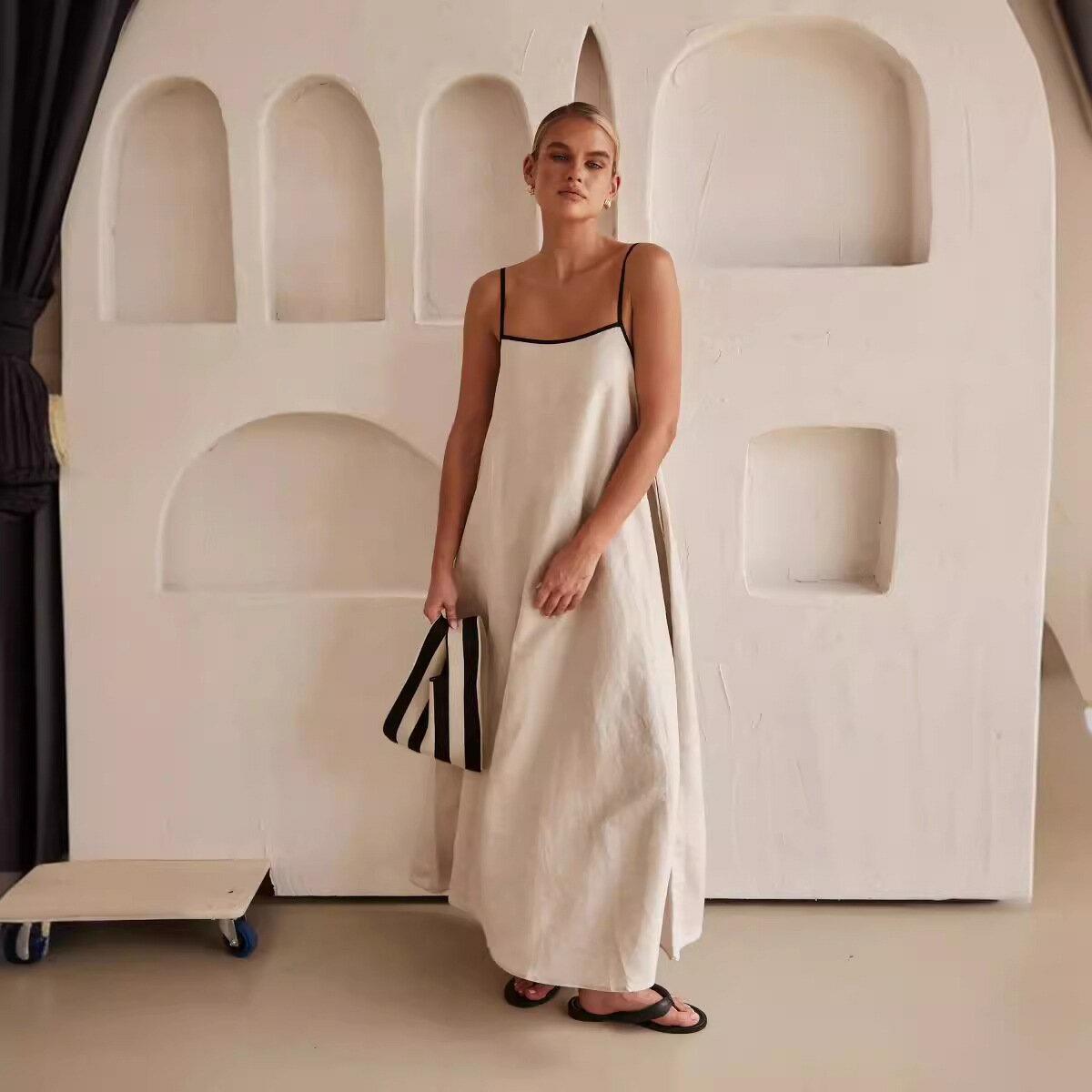 ジャンパースカートキャミソールワンピース ストライプ 春夏 薄手 レディース ロング丈 ゆったり 体型カバー 綿麻 着痩せ カジュアル