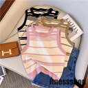 フレンチスイートガールストライプノースリーブアイスシルクセーター女性用夏新作女性用ショートカジュアルトップ(4)