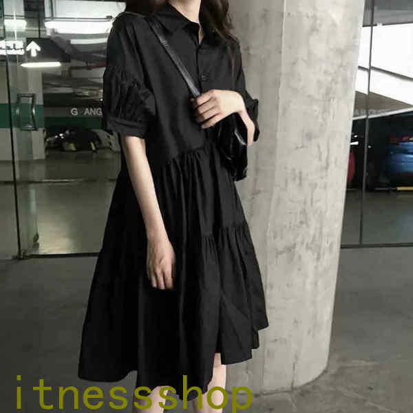 THOM WILLS 新生活 シャツワンピース レディース 40代 キレイめ 膝丈ワンピース 春夏 半袖ワンピース 黒フレアスカート シャツワンピ オシャレ 韓国風 ゆったり 大人可愛い30代 50代