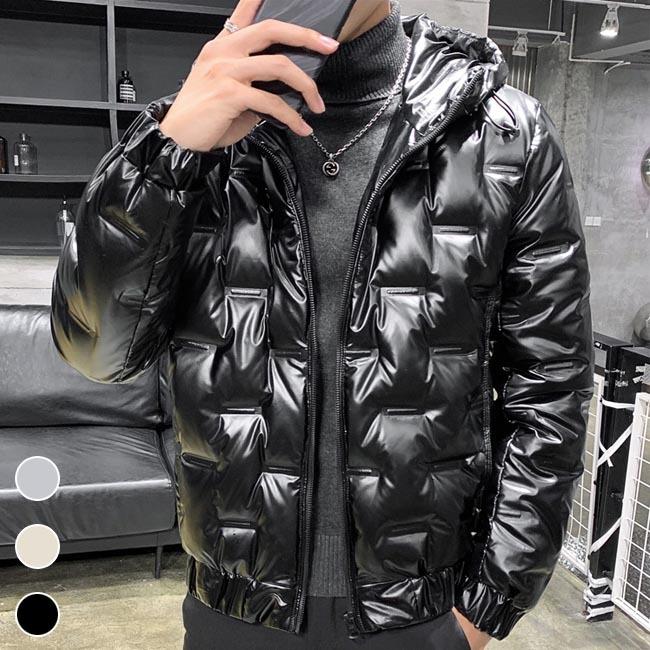 THOM WILLS メンズ ダウンジャケット フード付き ジャケット 厚手 立ち襟 アウター 冬 ダウンコート 光沢感 冬ジャケット 防寒服 シルバー ゴールド