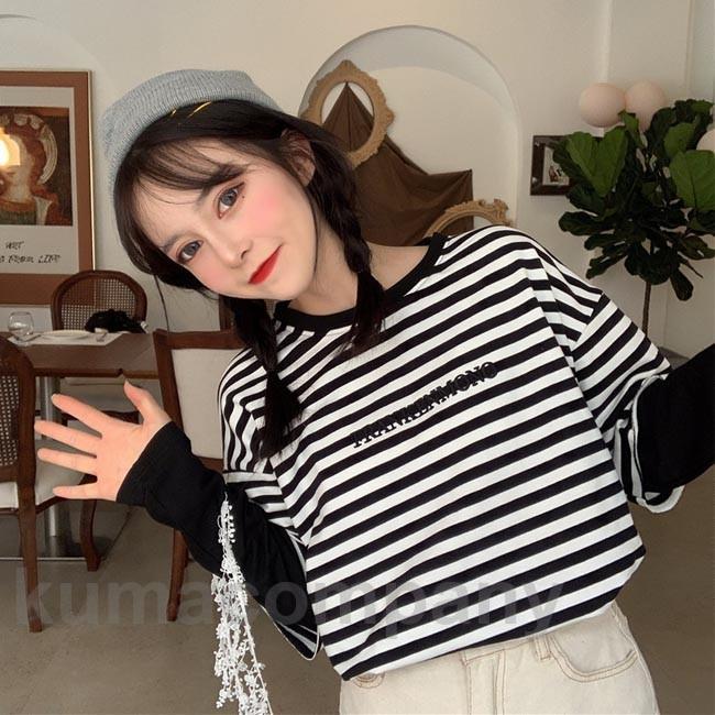 THOM WILLS Tシャツ 長袖 レディース 偽二枚Tシャツ ボーダー柄 長袖Tシャツ ゆったり カットソー 春秋 偽二枚トップス 縞柄Tシャツ フェイクレイヤード