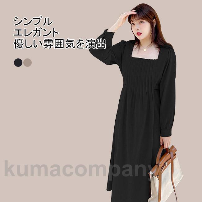 THOM WILLS ワンピース ロング丈 マキシ丈 長袖 大きいサイズ スクエアネック プリーツ 腰ひも Aライン..