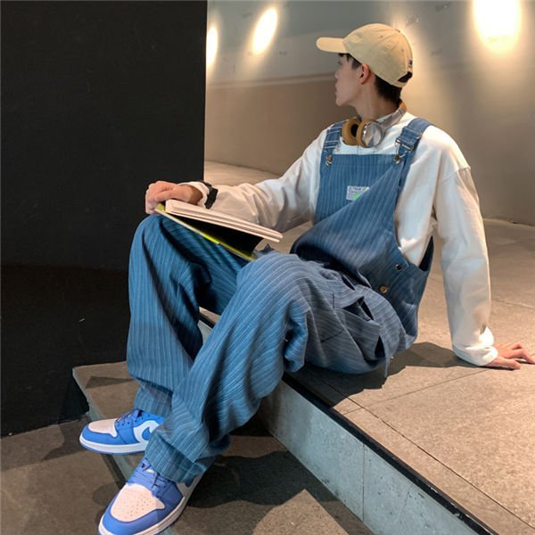 THOM WILLS サロペット オーバーオール メンズ サロペットデニムパンツ 韓国風 ストライプ柄 ガウチョパンツ ワイドパンツ ジーパン ジーンズ 春夏秋 バレンタイン