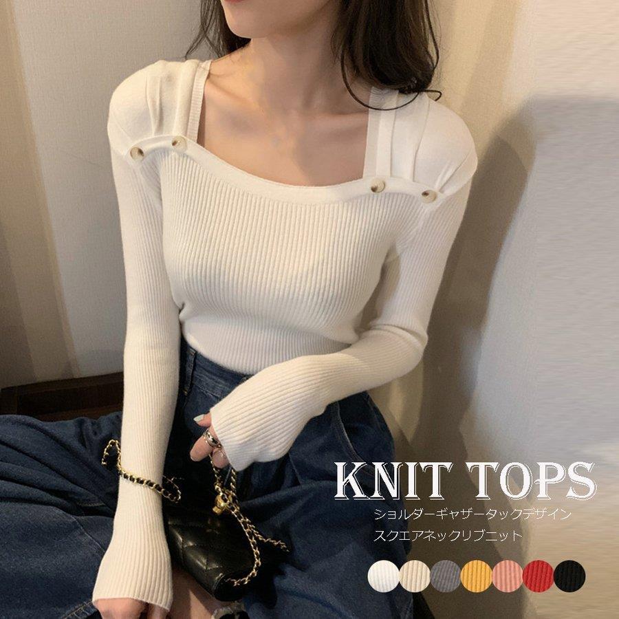 THOM WILLS スクエアネック リブニット レディース タックギャザー タイトニット トップス ボダン ニットセーター プルオーバー バレンタイン プレゼ...