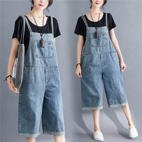 THOM WILLS サロペットデニムパンツ レディース オーバーオール 7分丈 ガウチョパンツ ワイドパンツ 太め ヴィンテージ風 バレンタイン プレゼント