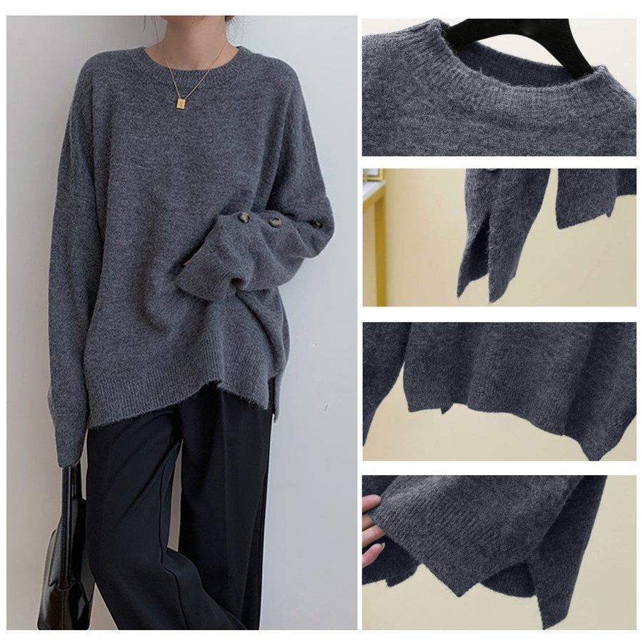 THOM WILLS ニットセーター レディース スリット入り 袖ボダン クールネック ゆるニット トップス プルオーバー バレンタイン プレゼント