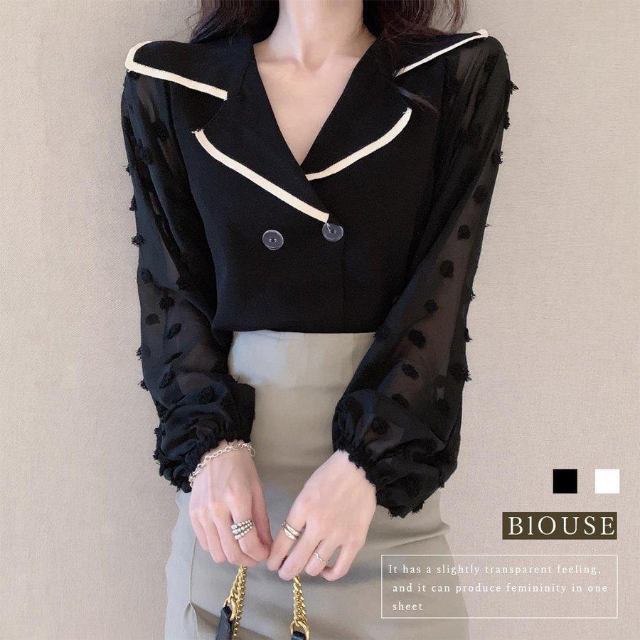 THOM WILLS ニット切り替え シャツブラウス レディース Vネックシャツ ダブルブレスト トップス 透け感 長袖 スキッパーブラウス 韓国風 バレンタイン プレゼント