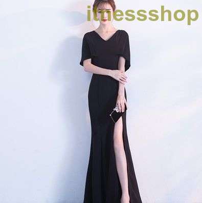 新品 ロングドレス シンプル ケープデザイン 上品マキシワンピース（ブラック）【パーティドレス マキシワンピース パーティー キャバ お呼ばれ ロングドレス】