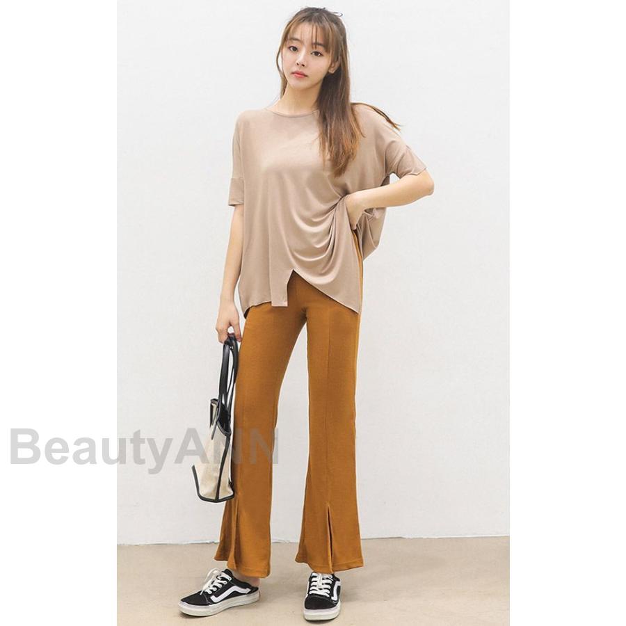 THOM WILLS フレア パンツ スリット フェミニン おしゃれ ストレッチ ベルボトム 通勤 オフィス ボトムス レディース ギフト プレゼント 春物 春夏 春服 夏服 母の日