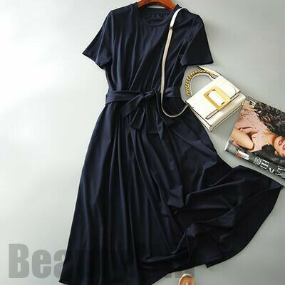 THOM WILLS ロングワンピース シンプル コットン 綿 半袖 体型カバー ミモレ丈 きれいめ 上品 ベルト付き おしゃれ レディース ワンピ ドレス 大きいサイズ グリーン ネイビー 春 夏 20代 30代 40代 50代 新生活 プレゼント