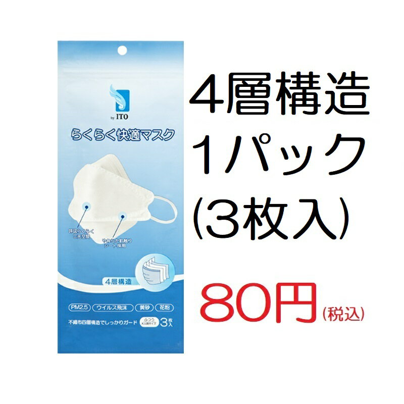 ★ 緊急応援セール byITOらくらく快適マスク 3枚入 ふつうサイズ 大人用 4層構造 使い捨て 再密封可能 個包装 口元空間キープ 唇付かない 息苦しさ解消 高性能不織布フィルター ウイルス感染対策 小顔に見える マスク byITO