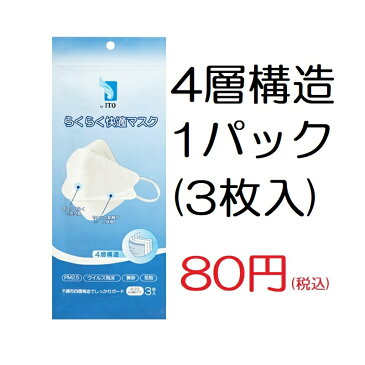 ★ 緊急応援セール byITOらくらく快適マスク 3枚入 ふつうサイズ 大人用 4層構造 使い捨て 再密封可能 個包装 口元空間キープ 唇付かない 息苦しさ解消 高性能不織布フィルター ウイルス感染対策 小顔に見える マスク byITO