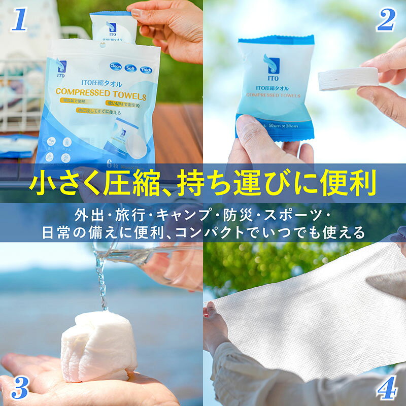 ITO 圧縮タオル 【6枚入】 3秒で大判 フェイスタオル 使い捨て 居酒屋 おしぼり 衛生 BBQグッズ コンパクト 携帯用 旅行 防災ボトル スポーツ アウトドア 防災 クレンジングタオル 非常用 防災バッグ OEKO-TEX®認証取得 赤ちゃんにも優しい 100％上質天然素材 防災ボトル ito-ito-10000011 ITOクレンジングタオル サンプル画像3