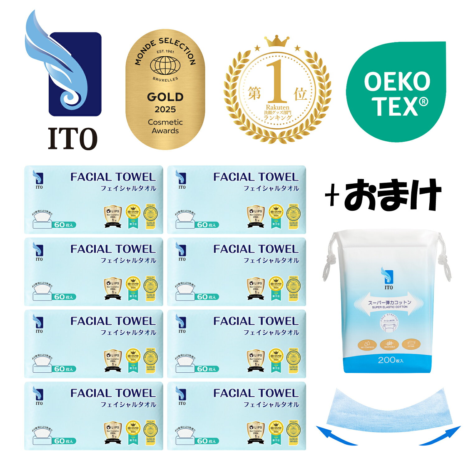 【創業感謝祭】ITO フェイシャルタオル 【60枚×8個/18個 箱買い】 クレンジングタオル使い捨てタオル フェイスタオル使い捨て 洗顔 メイク落とし コットンパフ クレンジングコットン 摩擦レス 敏感肌 肌荒れ対策 まとめ買い OEKO-TEX®認証 赤ちゃんにも優しい @COSME1位