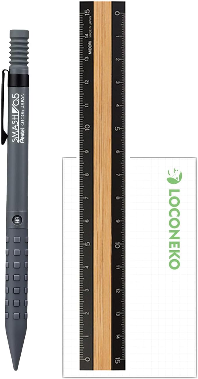 ぺんてる シャープペン スマッシュ 0.5mm グレー + ミドリ アルミ＆ウッド定規(黒)15cm + ロコネコカード