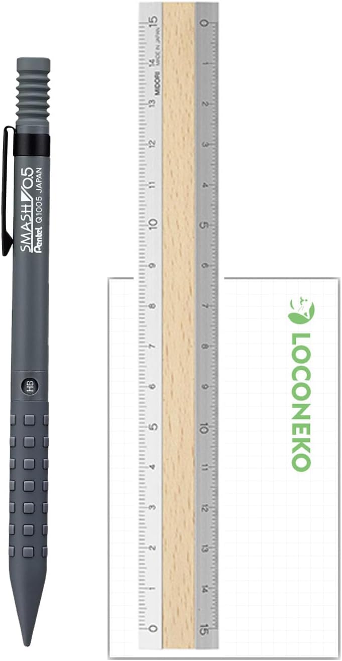 ぺんてる シャープペン スマッシュ 0.5mm グレー + ミドリ アルミ＆ウッド定規(うす茶)15cm + ロコネコカード