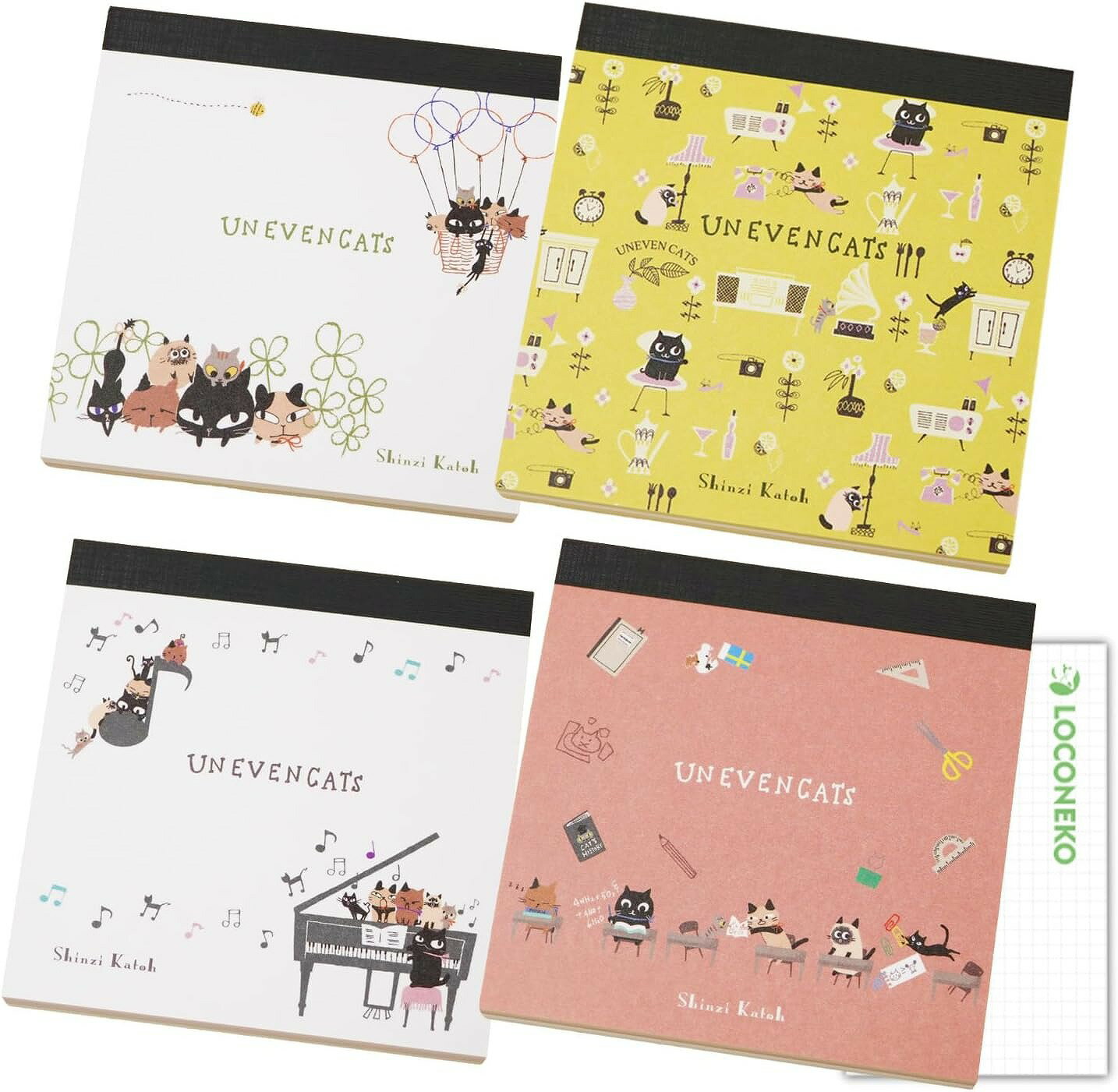 木野瀬印刷 ブロックメモ Shinji Katoh アニーブンキャッツ UNEVEN CATS【clover・music・room・school】+ロコネコカード