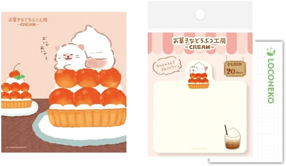 古川紙工 お菓子などうぶつ工房 クリームになりたい動物たち【メモパッド + 型抜きふせん】+ロコネコカード (サーモンピンク ネコ)