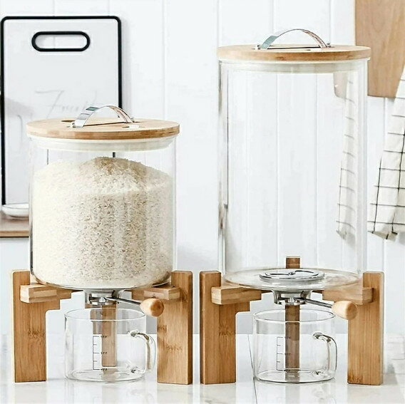 密閉米びつ ふた付き収納ジャー 5L 8L ガラスシリアルディスペンサー収納ジャーセ...