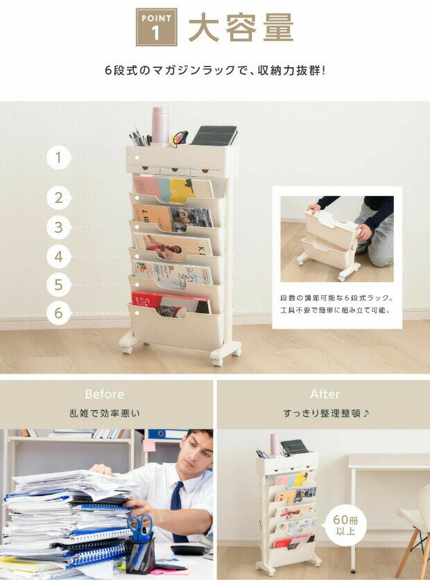 Rakuten - マガジンラック ファイルワゴン キャスター サイドワゴン デスクワゴン ファイルボックス A4 デスク収納 5段 大容量 斜め 本棚 書類整理 絵本 家具 コンパクト 折りたたみ 薄型 回転 おしゃれ 北欧 コンパクト おもちゃ 引き出し