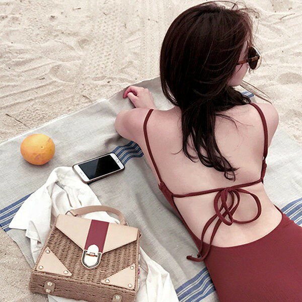 イトウショップ20の水着 ワンピースビキニ 女子 レトロ セクシー バックレスストラップ おしゃれ 大人 小胸 バスト 盛れる 温泉 露出控えめ 韓国風 20代 30代 40代｜アングル2