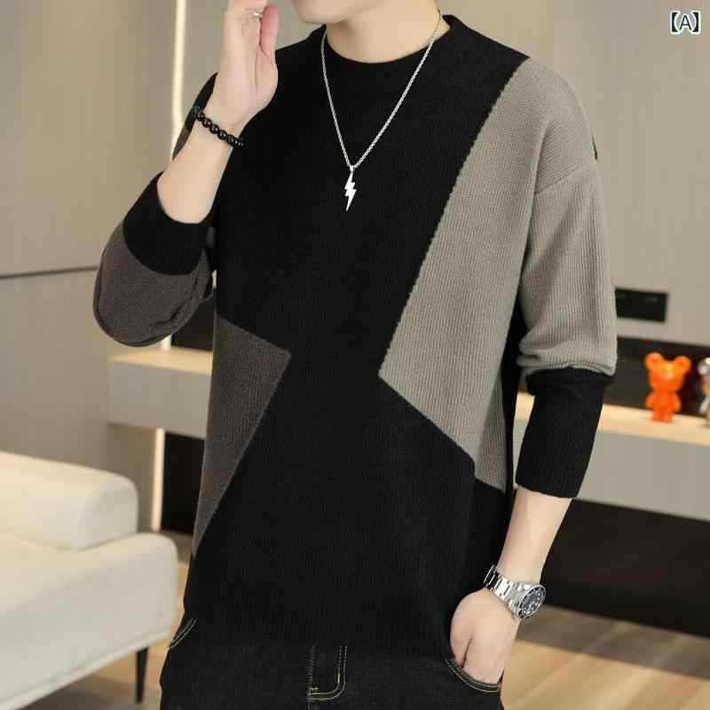 Other - メンズ ファッション 春夏 秋冬 かっこいい オシャレ モテ 男性用 紳士服 服 韓国 シンプル 大人 メンズ セーター 裏起毛 ベース シャツ メンズ 長袖 ニット 幾何学 模様 パッチワーク トップス