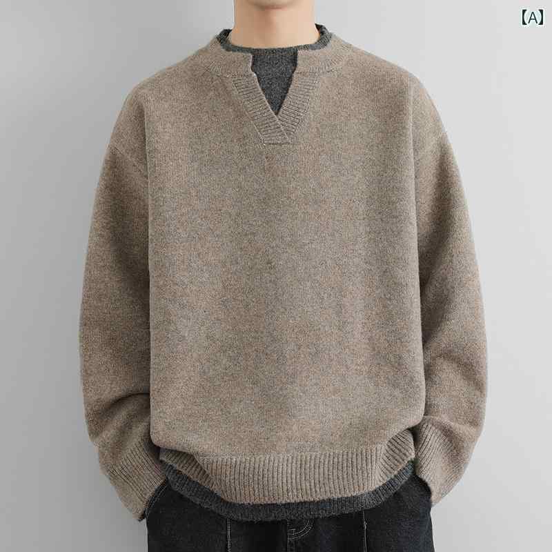 Rakuten - メンズ ファッション 春夏 秋冬 かっこいい オシャレ モテ 男性用 紳士服 服 韓国 シンプル 大人 フェイク ツーピース ダブルレイヤー Vネック セーター メンズ ニット セーター アメリカン レトロ 厚手 ウール セーター