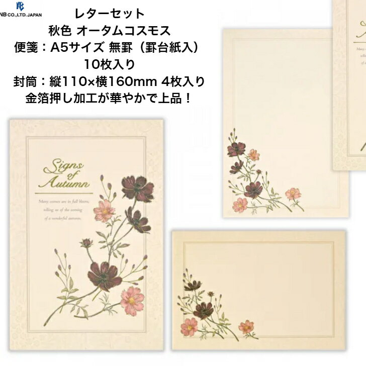 レターセット 秋色 オータムコスモス 便箋 A5サイズ 10枚 封筒 縦110×横160mm 4枚 金箔押し加工 季節の..