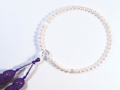 ホワイト系パール念珠（数珠）＜5〜5.5mm＞あこや真珠念珠（数珠）人絹（紫）アコヤ真珠数珠 J-429【当店のクーポンを是非ご利用下さい】