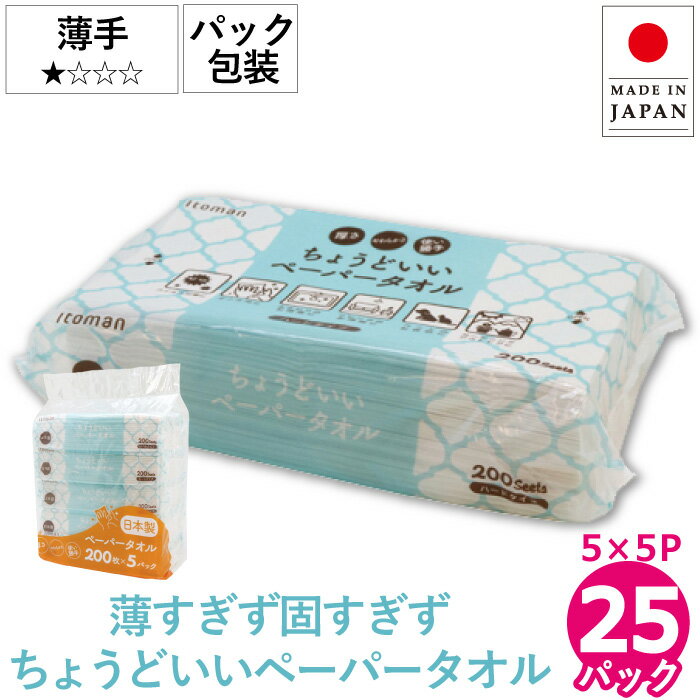 【クーポン P4倍】【公式】ペーパータオル ちょうどいい 中判 業務用 25パック (5パック×5セット) 200枚 シングル イットコ ライトタオル L200 ハード 50200023 エンボス加工 レギュラーサイズ 無漂白 再生紙 送料無料