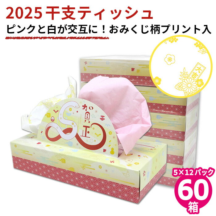 【プリント入】 2025 干支 ティッシュ 5箱×12パック 60個 240枚(120組) 20120147 令和7年 巳年 蛇 ヘビ おしゃれ 箱買い 挨拶回り 粗品 引っ越し挨拶ギフト お年賀 お正月 新年 贈答 熨斗対応 送料無料 [ギフト]のサムネイル