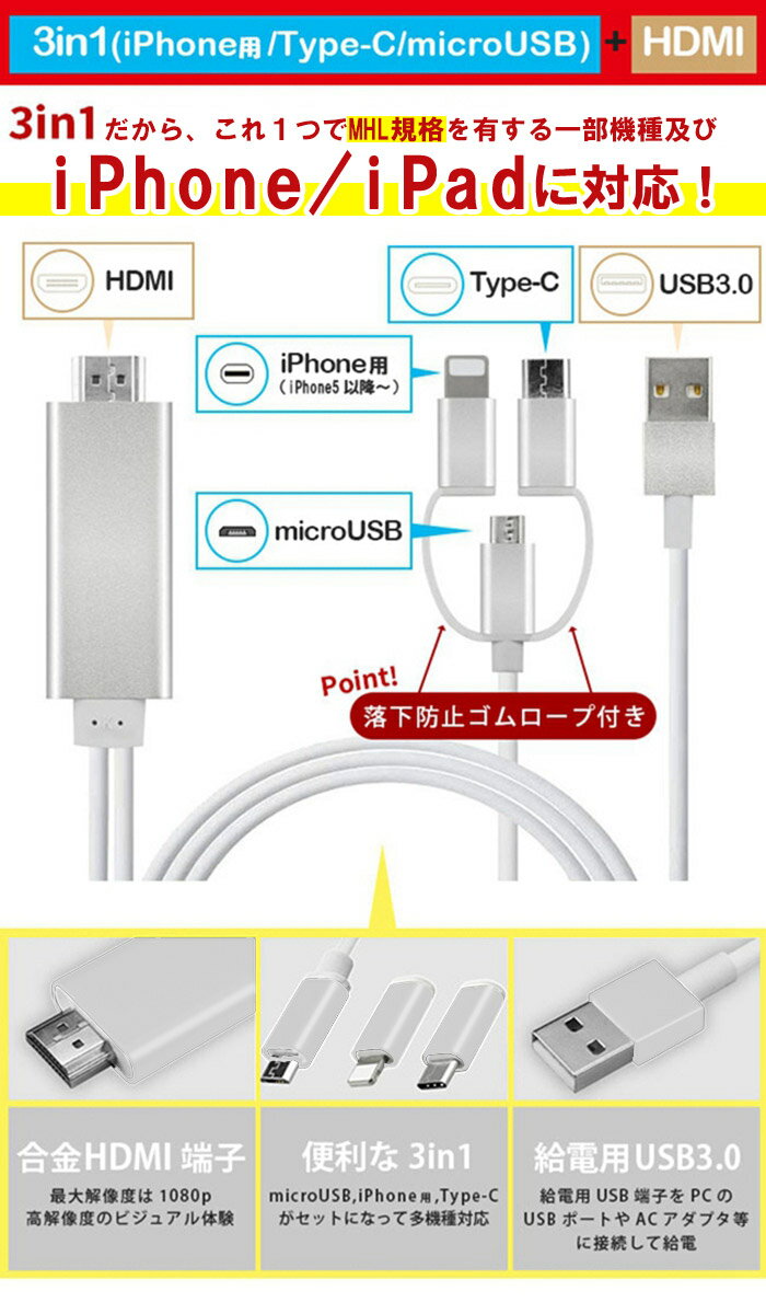 HDMI 変換　アダプター　ケーブル 高解像度 iphone ケーブル　HDMI 変換 ケーブル HDMI変換ケーブル TV 出力 ミラーリング microUSB iphone5〜 ipad タブレット Android アンドロイド スマホ テレビ 大画面 変換ケーブル 3in1 【ネコポス送料無料】