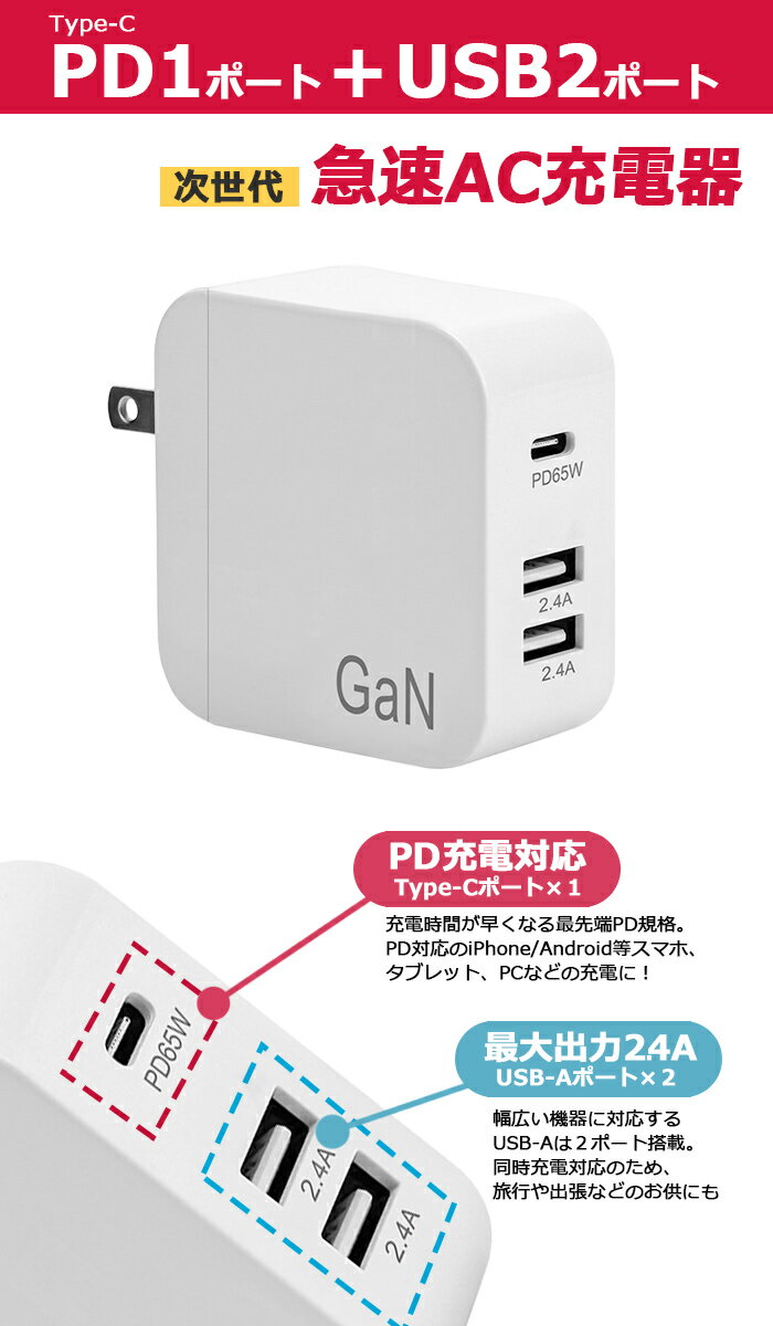Type-C PD充電器 65W GaN 3ポ...の紹介画像2