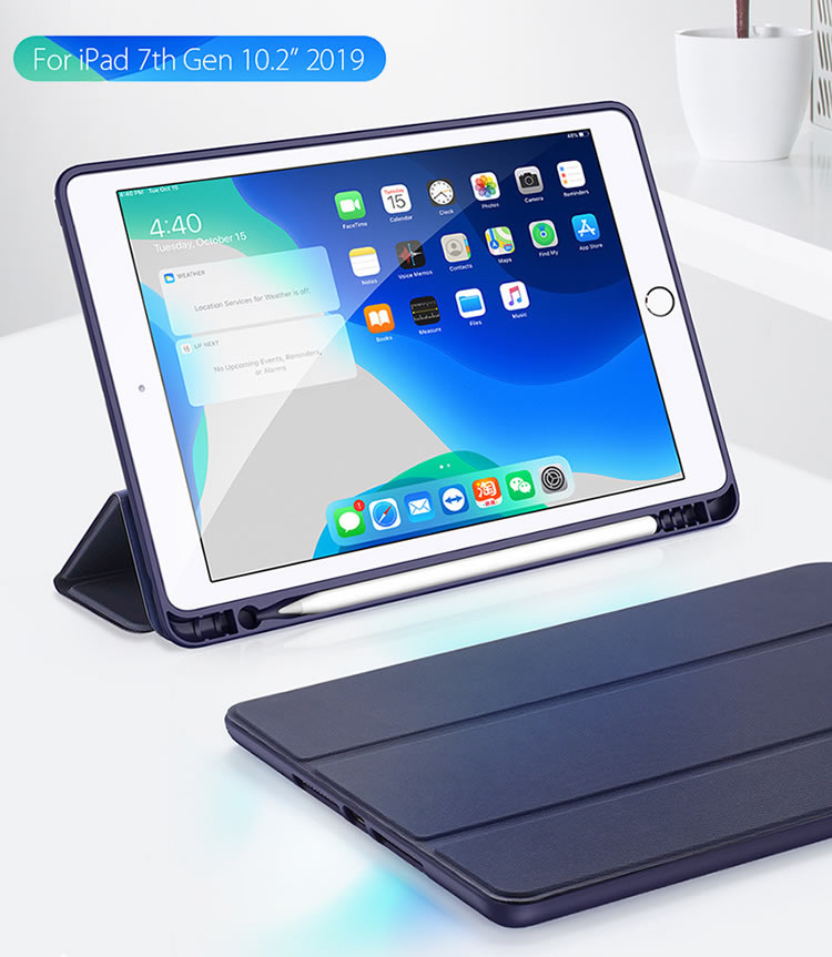 iPad10.2ケースiPad10.2型ペンシル収納付き手帳型第7世代三つ折りケーススタンドケース薄型軽量高級三つ折オートスリープPUレザーシリコンDUXDUCIS