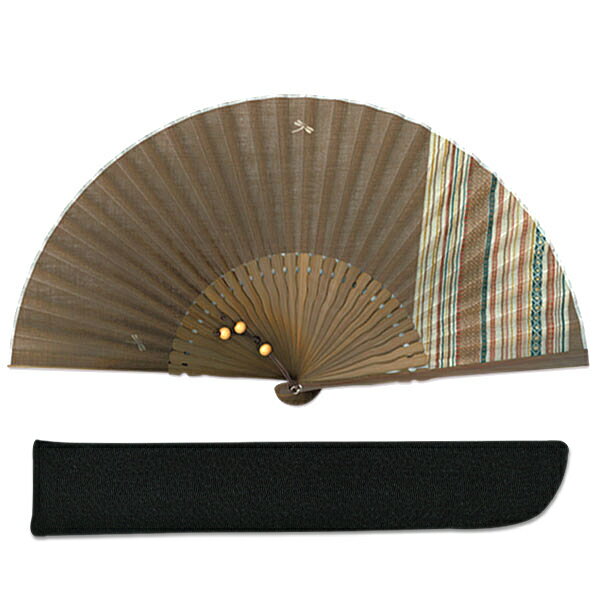 男性用 布扇子 縦縞茶　トンボ 扇子袋付き