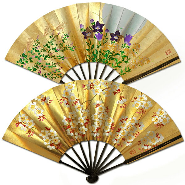 【黒染竹】飾り京扇子 高級仕舞扇子手描き 月に秋草/桜 飾り【手描き】