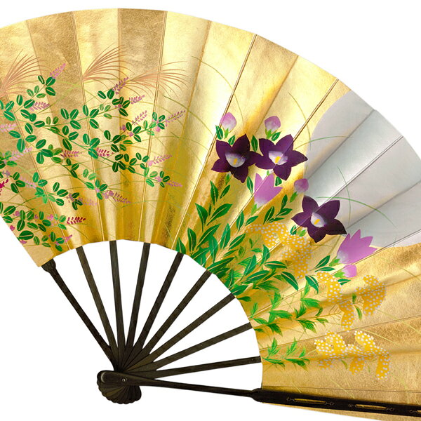 【黒染竹】飾り京扇子 高級仕舞扇子手描き 月に秋草/桜　飾り【手描き】