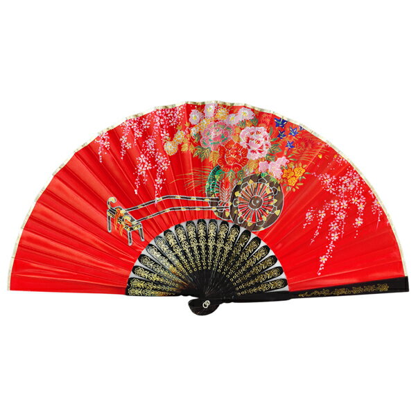 飾り京扇子 サテン扇子 花車赤/21cm