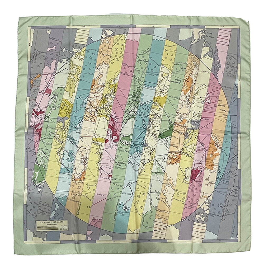 【中古AB/使用感小】HERMES エルメス スカーフ カレ90 LE MONDE EST VASTE 世界地図 ユニセックス グリ..