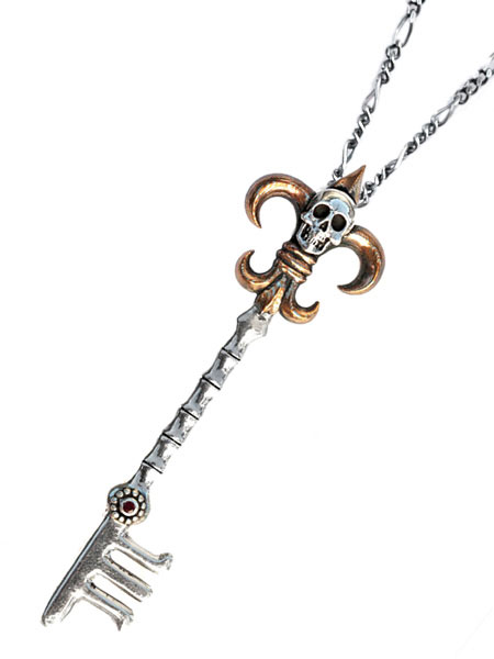 Lee Downey リーダウニー Skull & Key Necklace スカル & キ-ネックレス / ペンダント 鍵 木目金 シルバー ルビー 宝石 ドクロ メンズ レディース 【 送料無料 】