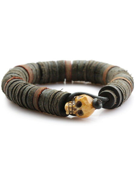 gbb custom leather / gbb カスタム レザー 【 Leather Beaded Skull Bangle (Brown Mix) 】[ 正規品 ] レザー ブレス カフ ブレスレット ビーズ スカル ドクロ 革 ヴィンテージブラウン 茶色 黒 ブラック メンズ レディース ユニセックス 【 送料無料 】