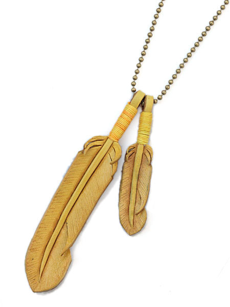 ROOSTERKING & CO.（ルースターキング&カンパニー）Leather Feather necklace (Yellow) / レザーフェザーネックレス イエロー ペンダント レース コード ディアスキン ネイティブ インディアン ゴールド ボールチェーン ブラス 鹿革 金 真鍮 メンズ レディース【送料無料】