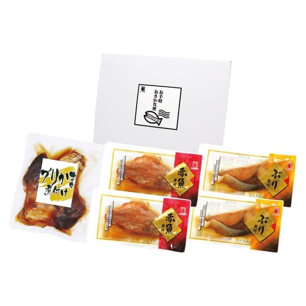 　　☆☆☆ 商品詳細 ☆☆☆ ●化粧箱入／約220×280×90mm ●内容／ブリかま煮付け（2切）×1、赤魚煮付（65g）・ぶり煮付（70g）×各2 ●アレルゲン／小麦