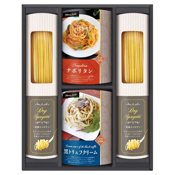 　　☆☆☆ 商品詳細 ☆☆☆ ●化粧箱入／約320×240×55mm ●内容／スパゲティ（130g）×2、パスタソース（黒トリュフクリーム）（140g）・パスタソース（ナポリタン）（140g）×各1 ●アレルゲン／乳・小麦