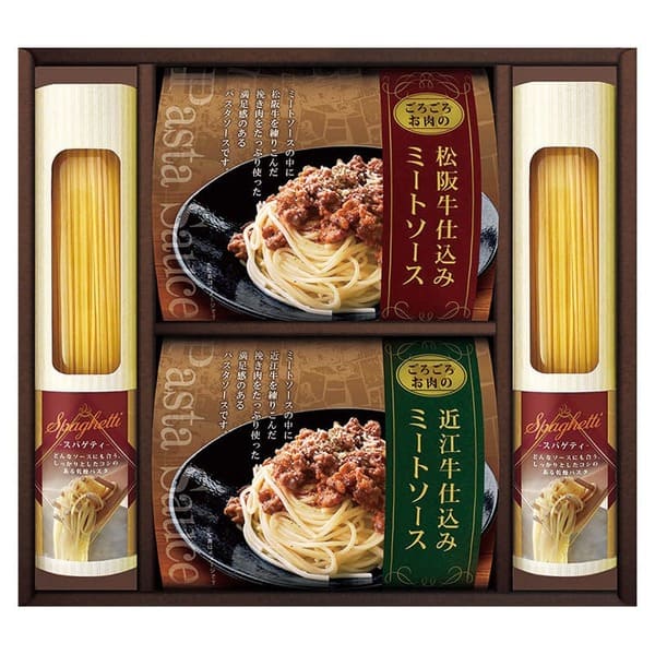 　　☆☆☆ 商品詳細 ☆☆☆ ●化粧箱入／約280×288×55mm ●内容／スパゲティ（100g）×2、松阪牛仕込みごろごろミートソース（150g）・近江牛仕込みごろごろミートソース（150g）×各1 ●アレルゲン／乳・小麦
